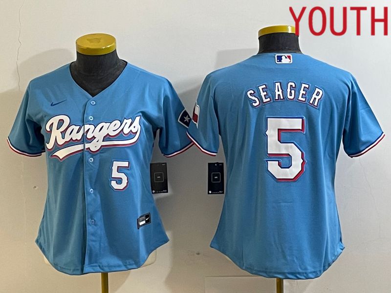 Youth Texas Rangers #5 Seager Light Blue Game Nike 2023 MLB Jersey style 2